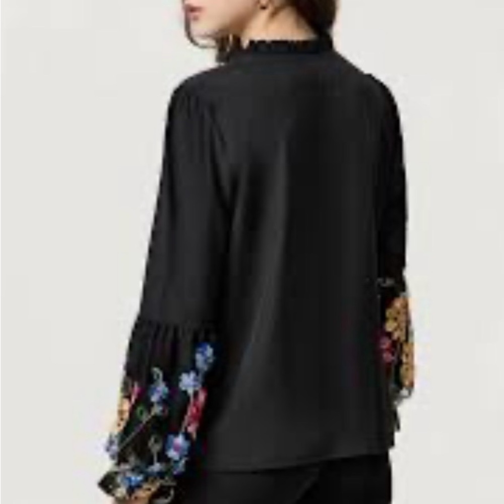 SHEIN Black Sheer Flowy Blouse with Colorful Lantern Embroidered Floral Sleeves - Picture 3 of 17